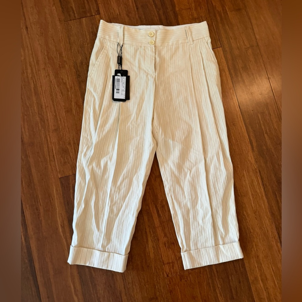 NWT Dolce & Gabbana Cream/Off-White Striped Cotton Linen Pants Cropped Trousers